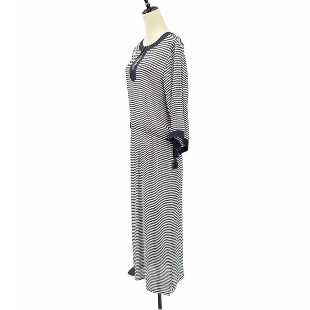 Tory Burch NWT Clemente Navy White Stripe 100% Silk Sheer Long Caftan Coverup